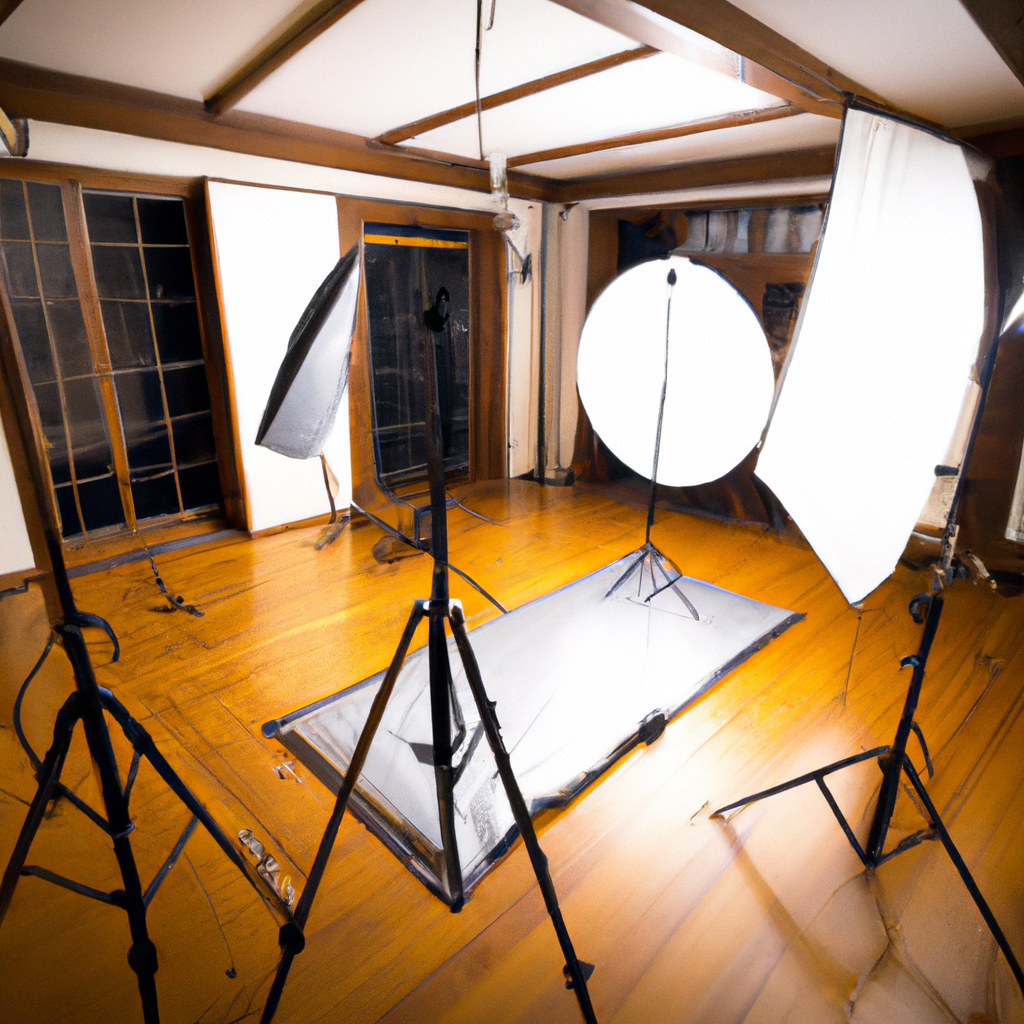 光景スタジオの高解像度な室内写真。木床、ソフトボックス、プロカメラ、温かいライティング、広角の奥行き